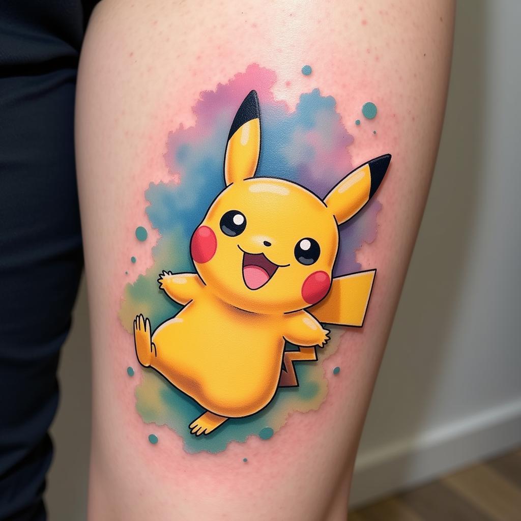 Hình xăm Pikachu phong cách màu nước, hiệu ứng loang màu mềm mại, tạo cảm giác nghệ thuật và sống động