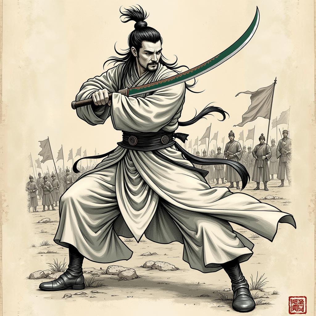 Hình xăm Quan Công cầm thanh long đao thể hiện sự dũng cảm và sức mạnh vô song