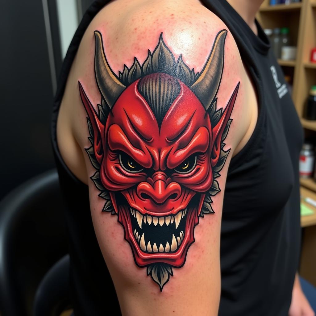 Hinh xam quy Oni tren bap tay, bieu tuong suc manh, bao ve va long dung cam