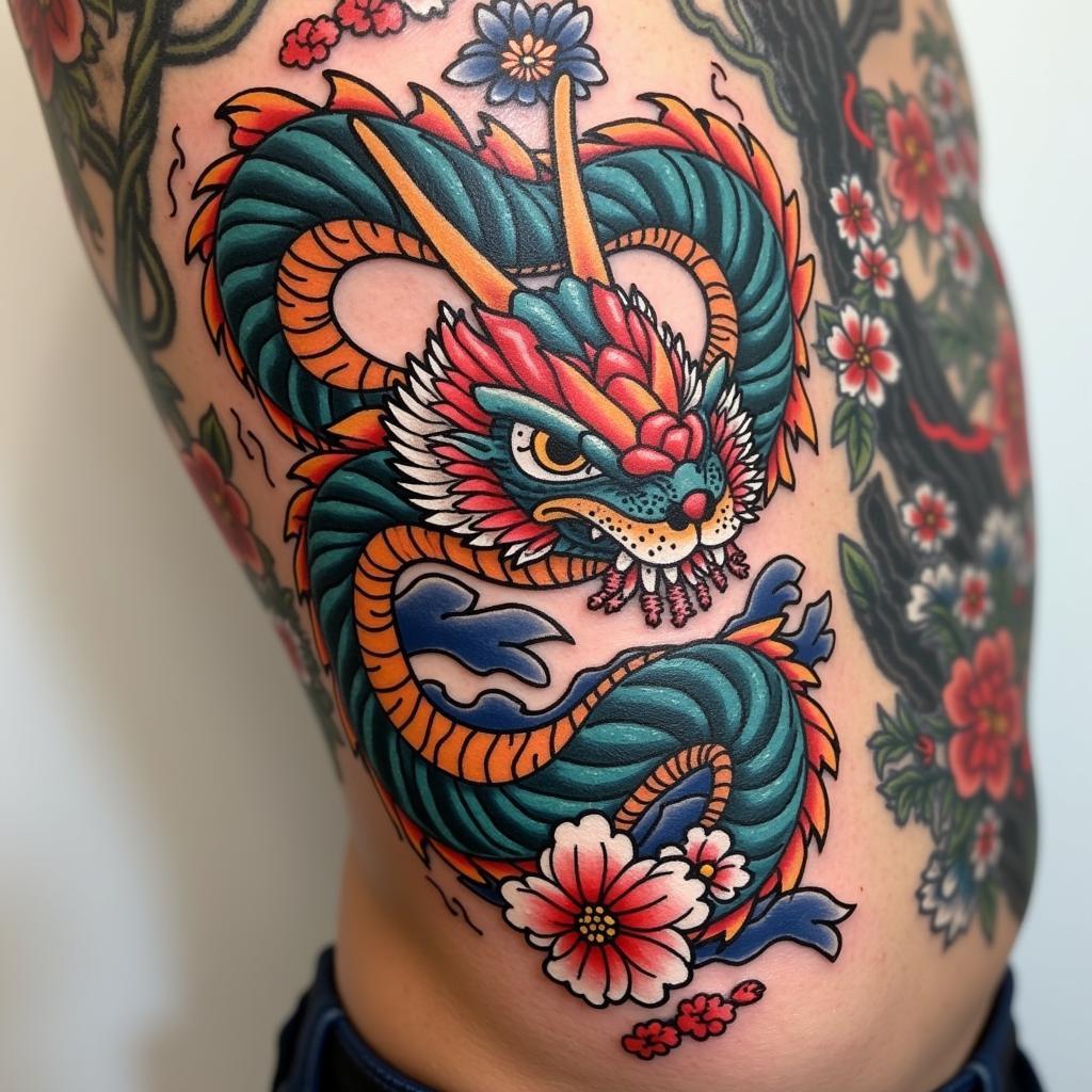 Hình xăm rắn hóa rồng phong cách Nhật Bản với hoa anh đào