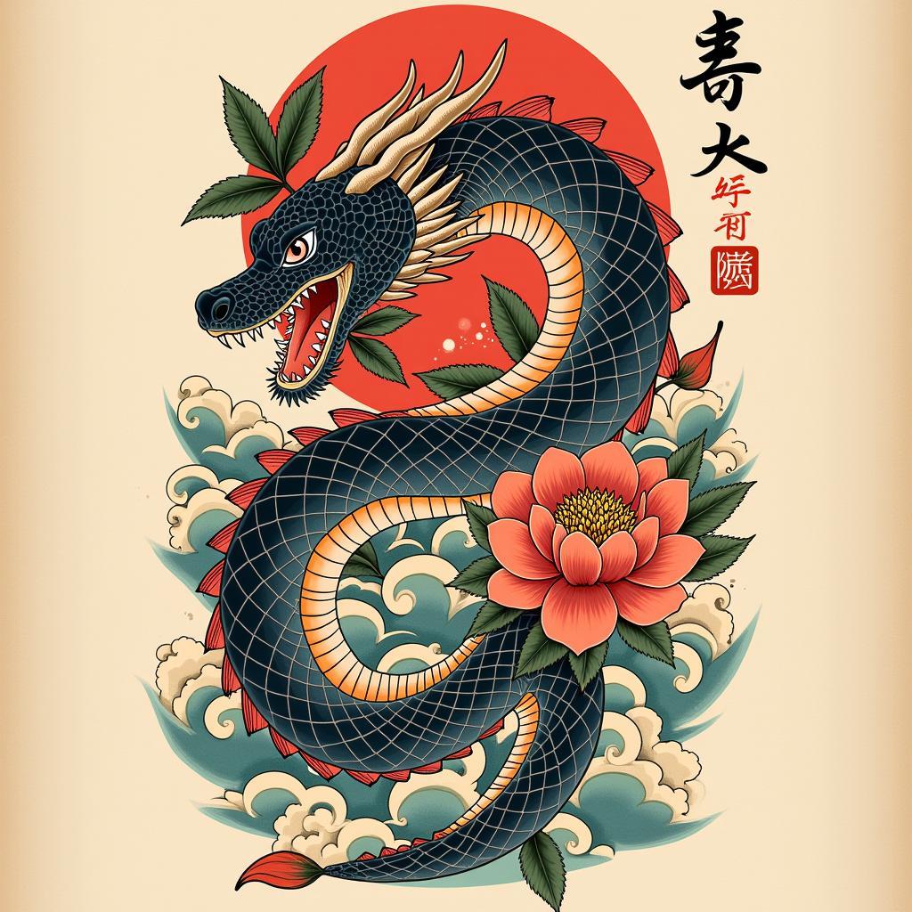 Tac pham hinh xam ran phong cach Irezumi Nhat Ban voi hoa mau don va song bien