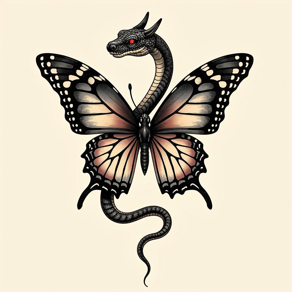 Hình xăm rắn và bướm kết hợp hài hòa, biểu tượng cho sự thay đổi và sức mạnh nội tại