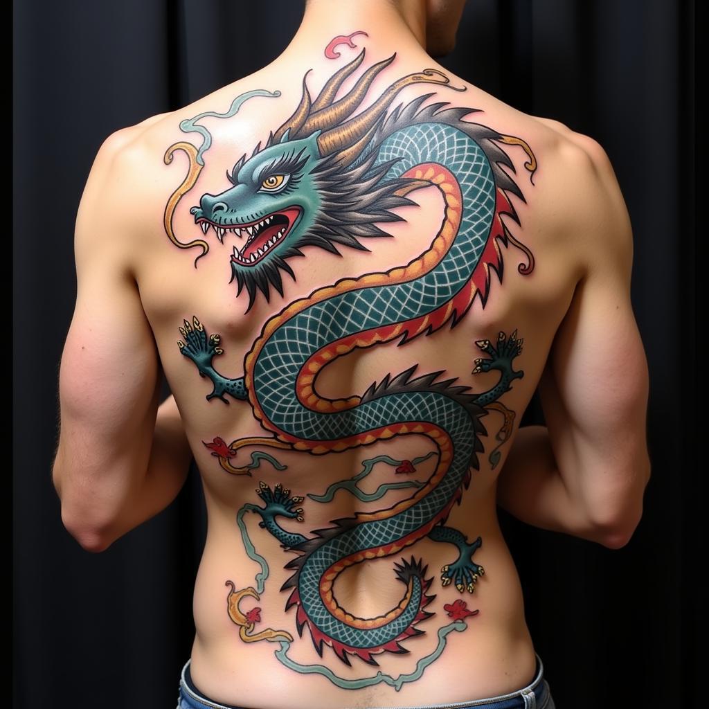 Hình xăm rồng uốn lượn trên lưng thể hiện quyền lực và sự may mắn
