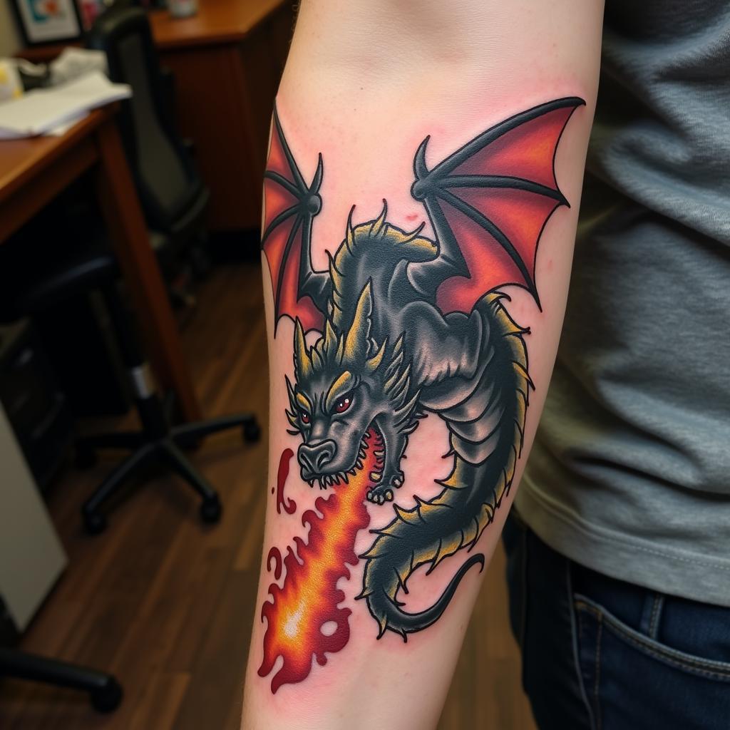 Hình xăm rồng phương Tây mạnh mẽ với cánh lớn và hơi thở lửa trên bắp tay