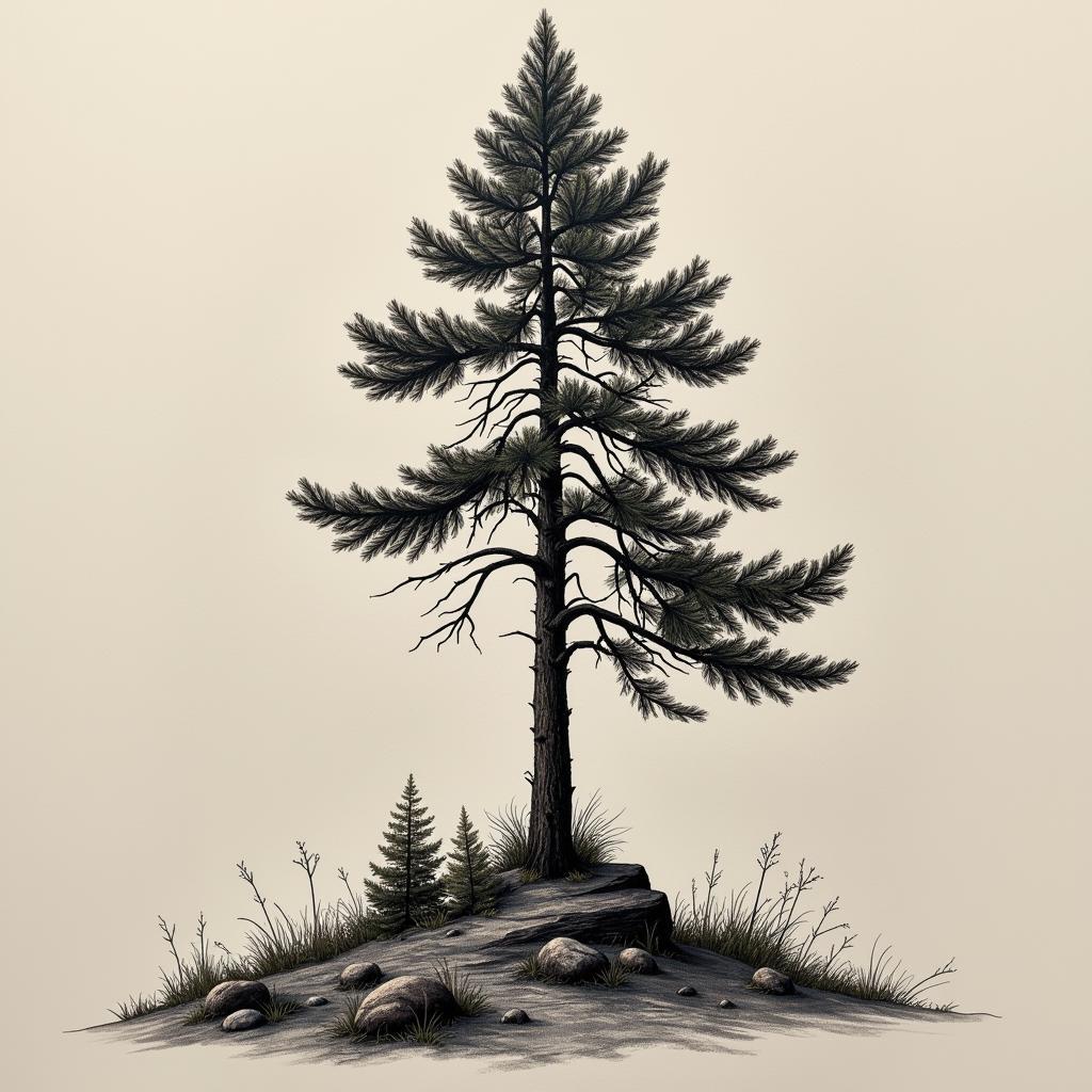 Hình xăm rừng thông biểu tượng cho sức mạnh nội tại và sự kiên cường vượt khó khăn