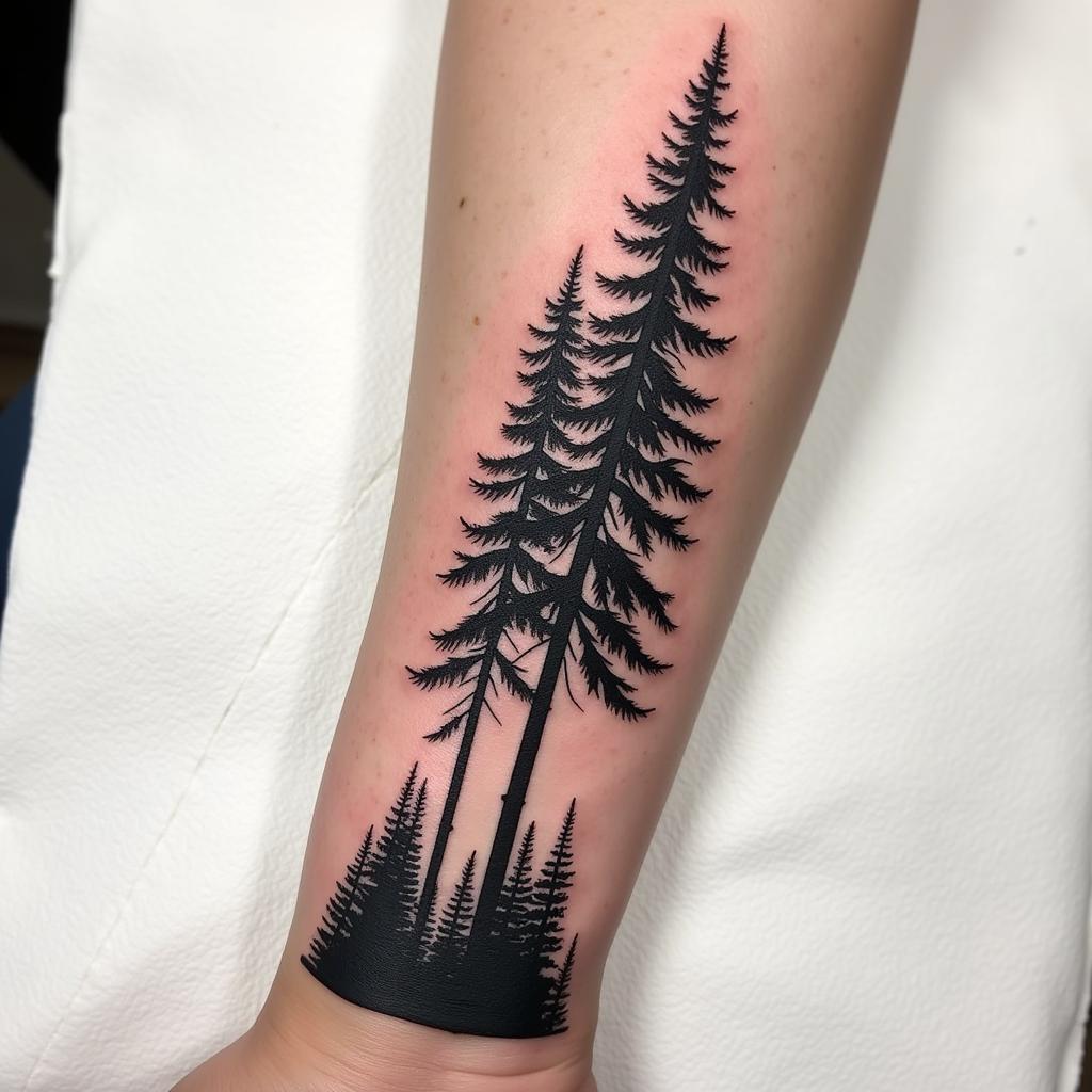 Hình xăm rừng thông dọc cánh tay thể hiện sự độc đáo và cá tính riêng