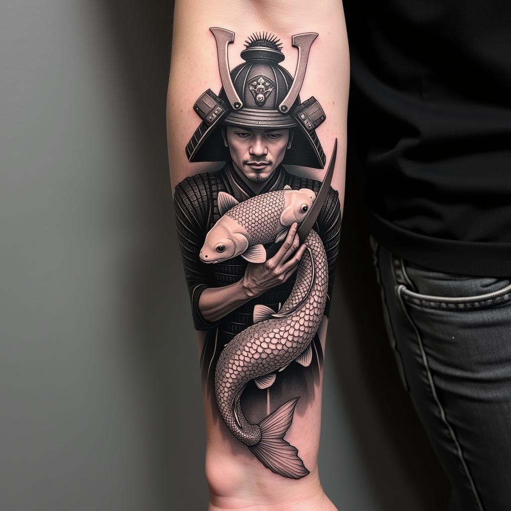 Hình xăm Samurai ôm cá chép phong cách Black and Grey tinh tế và hiện đại