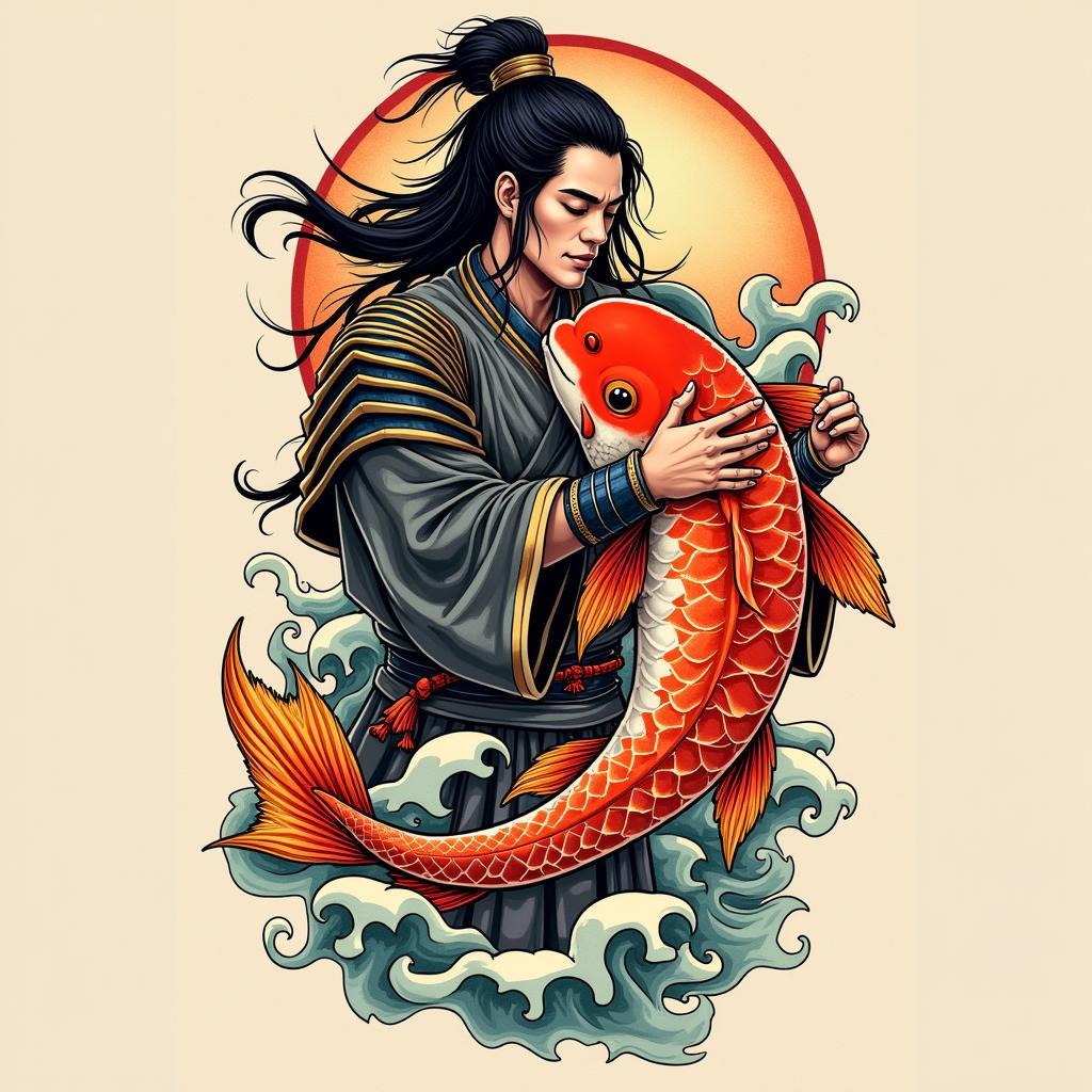 Hình xăm Samurai ôm cá chép kết hợp độc đáo giữa hai biểu tượng mạnh mẽ và ý nghĩa