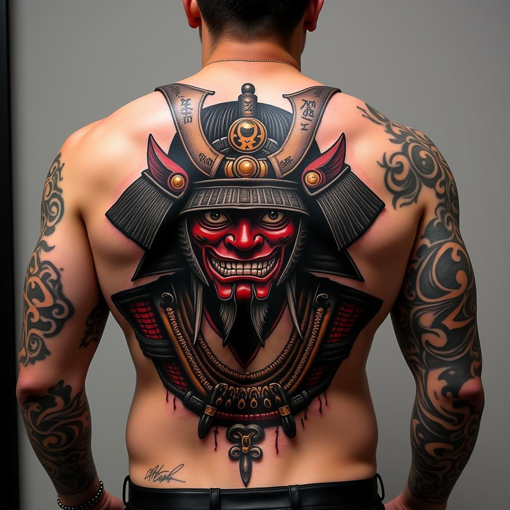 Hình xăm samurai mặt quỷ full lưng mạnh mẽ và ấn tượng