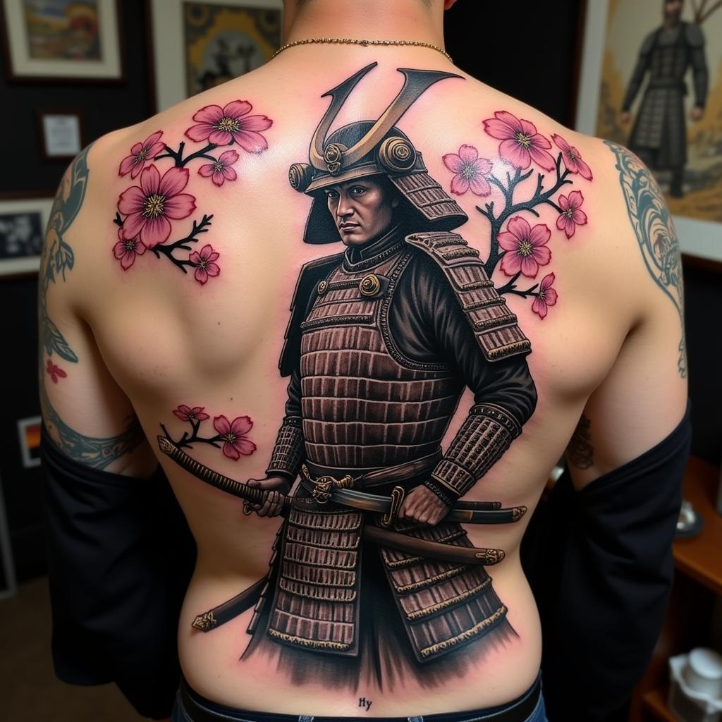 Hình xăm Samurai Nhật Bản với kiếm katana và áo giáp trên lưng thể hiện tinh thần võ sĩ đạo