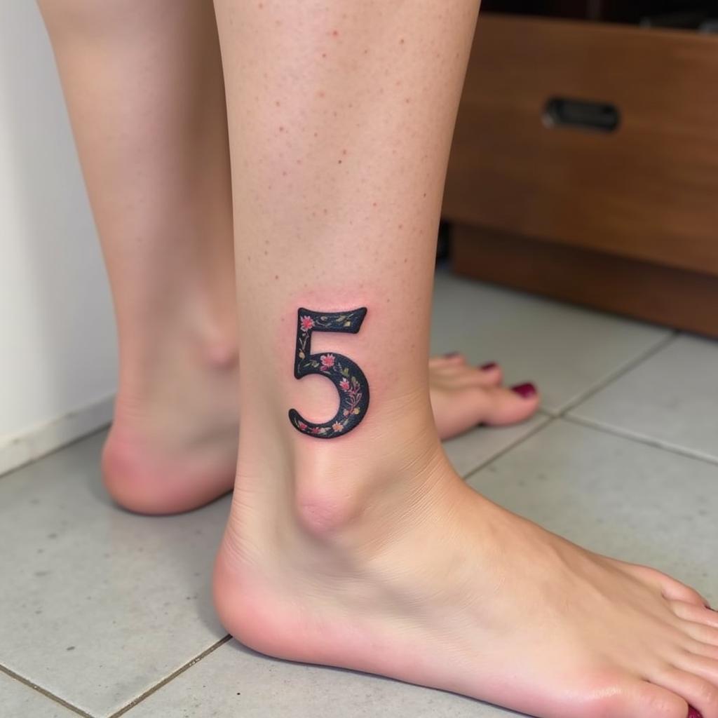Hình xăm số 5 ở mắt cá chân nữ, phong cách tự do cá tính.