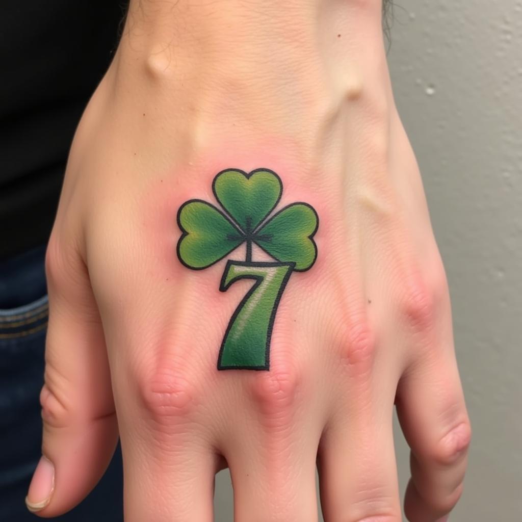 Hình xăm số 7 kết hợp cỏ bốn lá ở tay, phong cách may mắn.