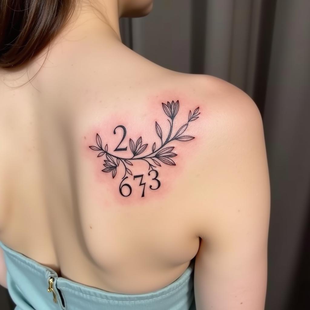 Hình xăm số và hoa lá kết hợp trên vai nữ, phong cách nhẹ nhàng.