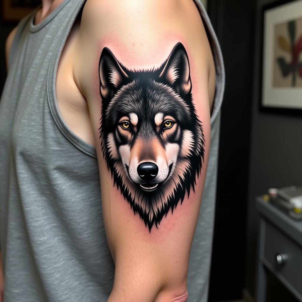 Hình xăm sói bắp tay ngoài vị trí xăm phổ biến và dễ thấy