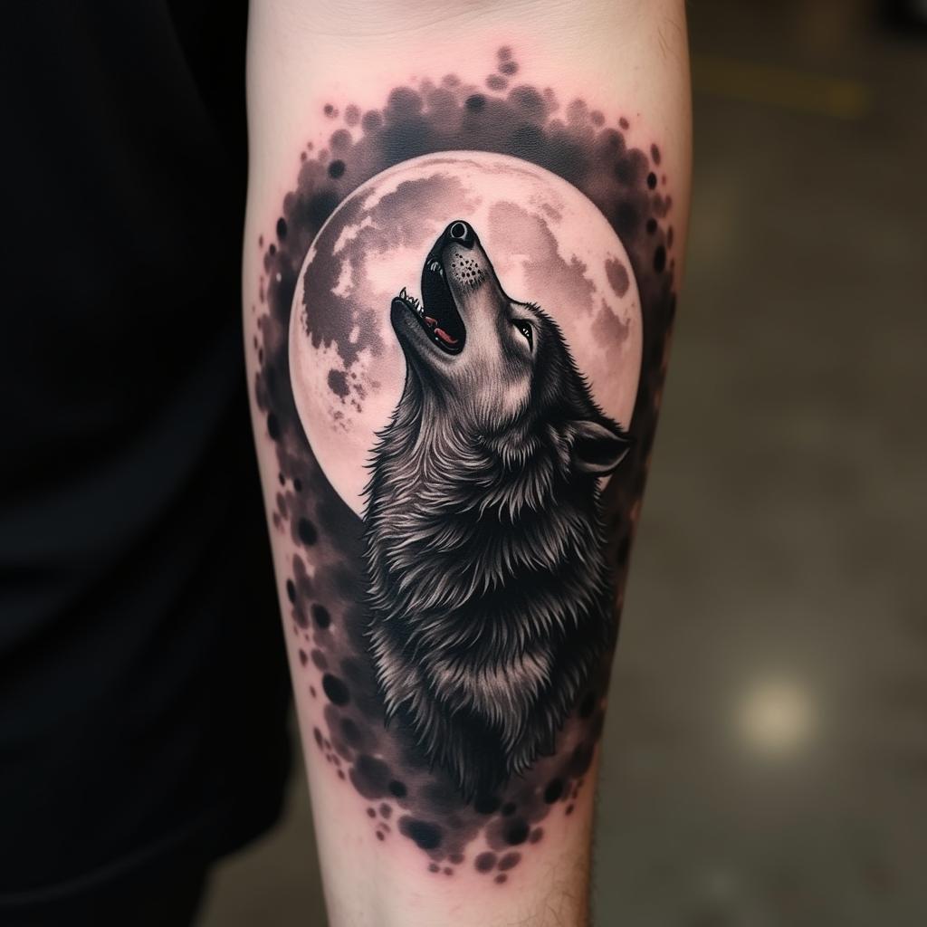 Hình xăm sói hú trăng trên cánh tay biểu tượng của tự do và cô đơn