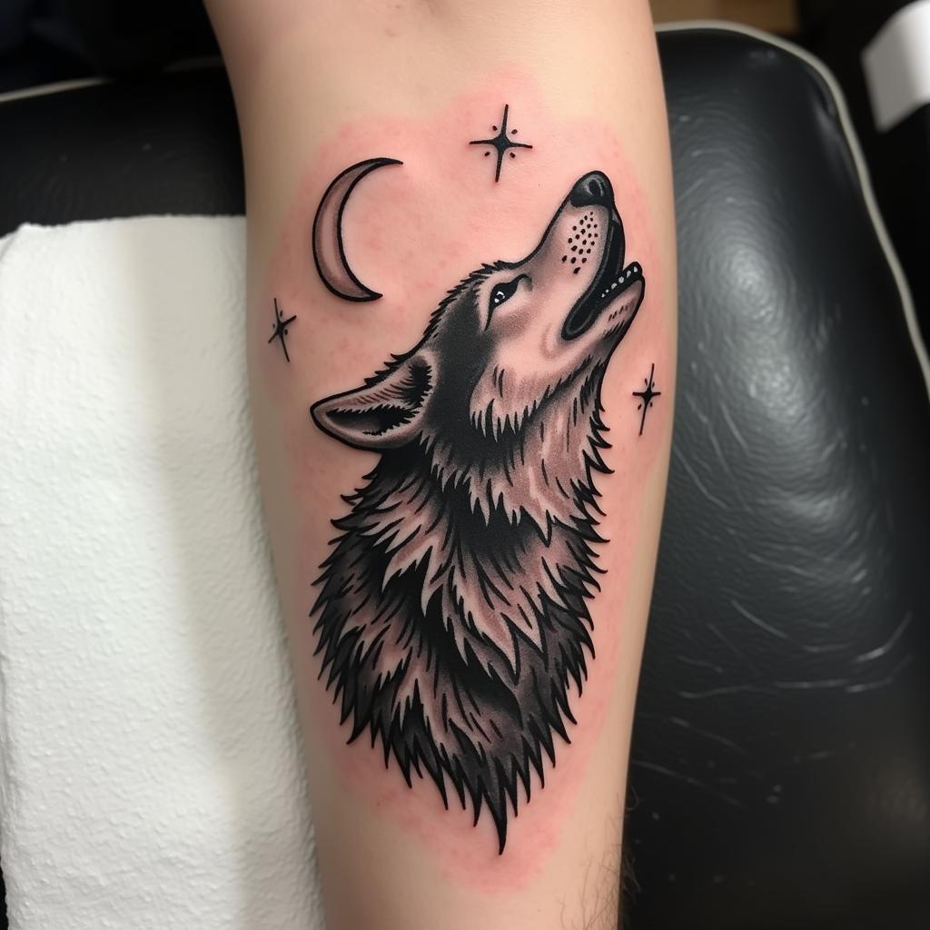 Hình xăm sói tru thể hiện sự cô đơn và bản năng hoang dã mạnh mẽ