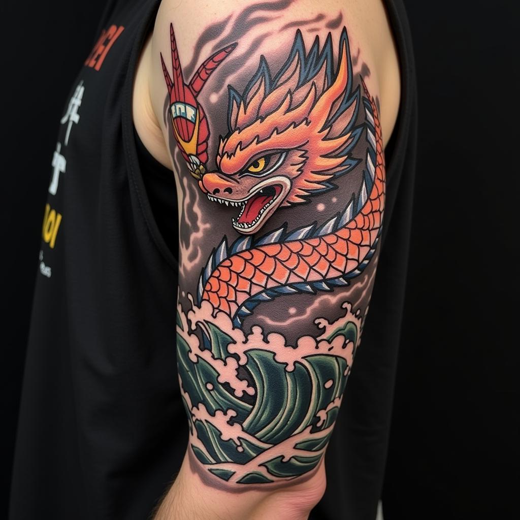 Hình xăm Songoku phong cách Nhật Bản với rồng và sóng biển
