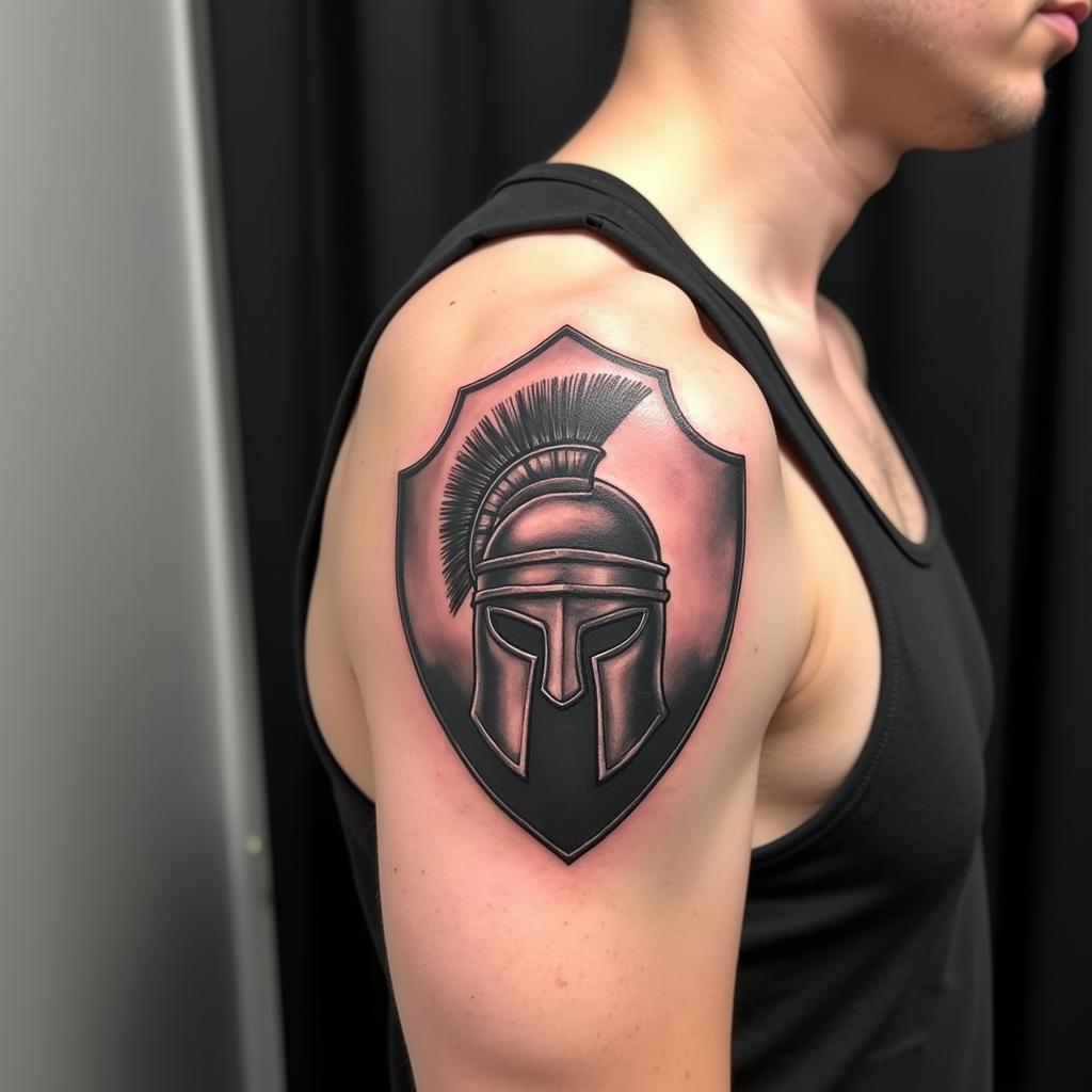 Hình xăm chiến binh Spartan với mũ trụ và khiên trên vai thể hiện sự kỷ luật và kiên cường