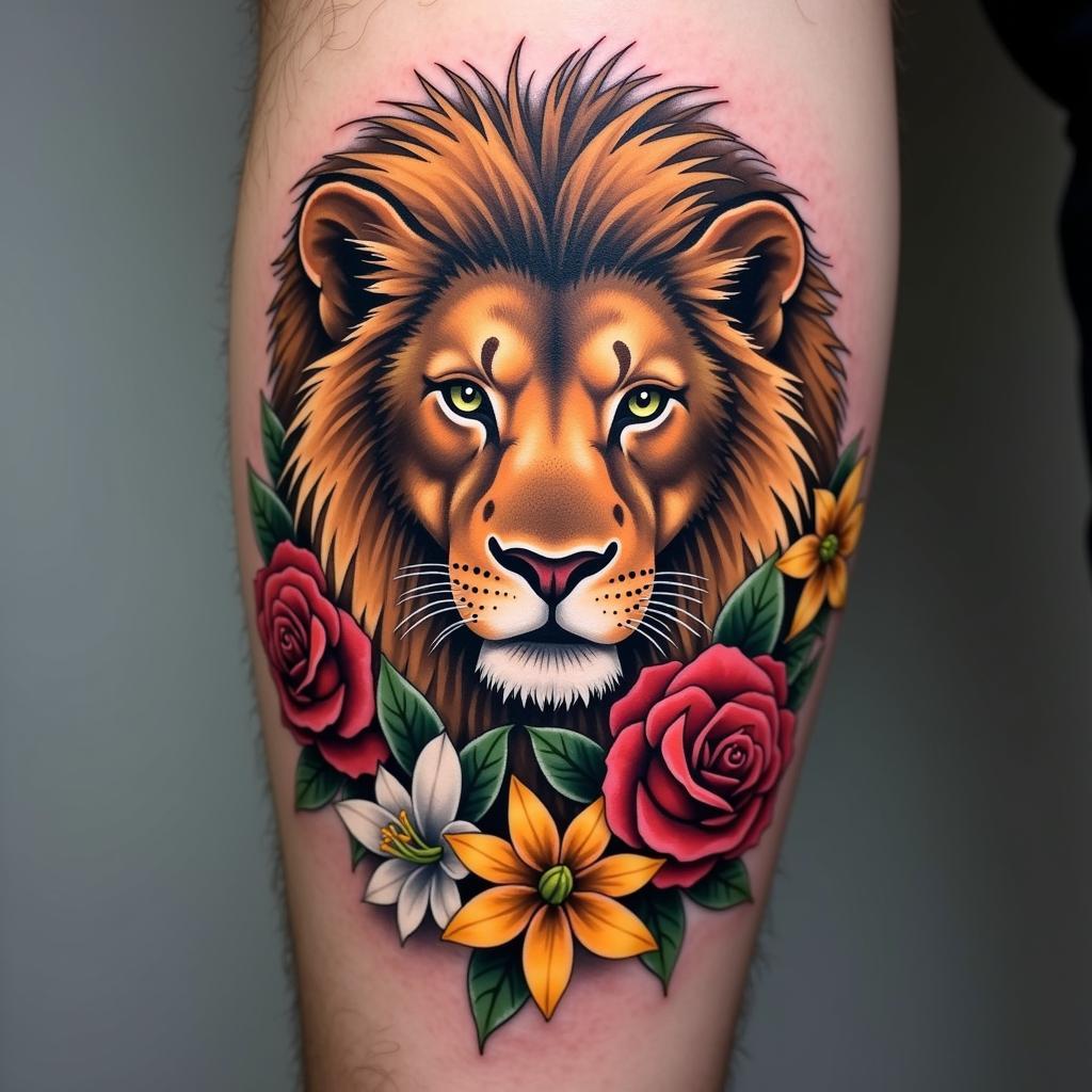 Hình xăm sư tử kết hợp hoa, tạo sự cân bằng và hài hòa