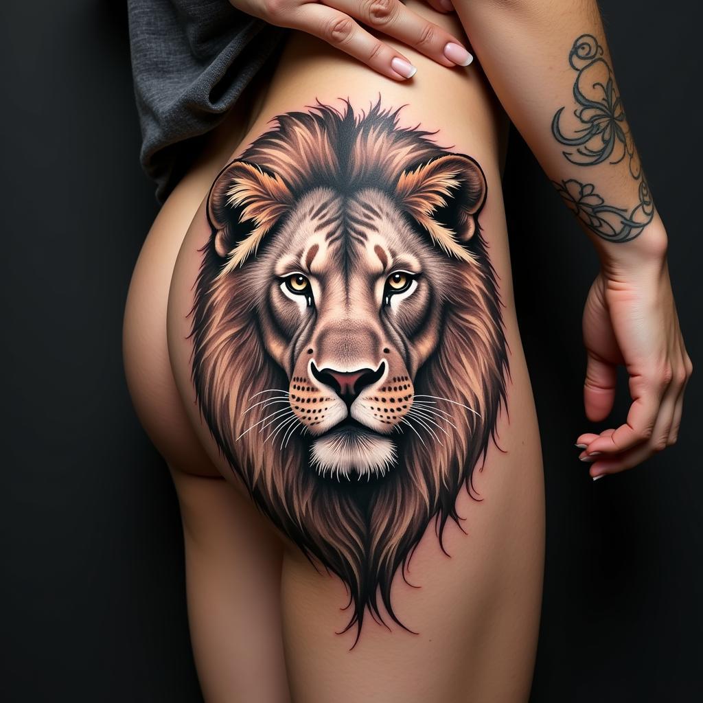 Hình xăm sư tử lớn trên đùi nữ, cầu kỳ và dễ dàng che chắn khi cần