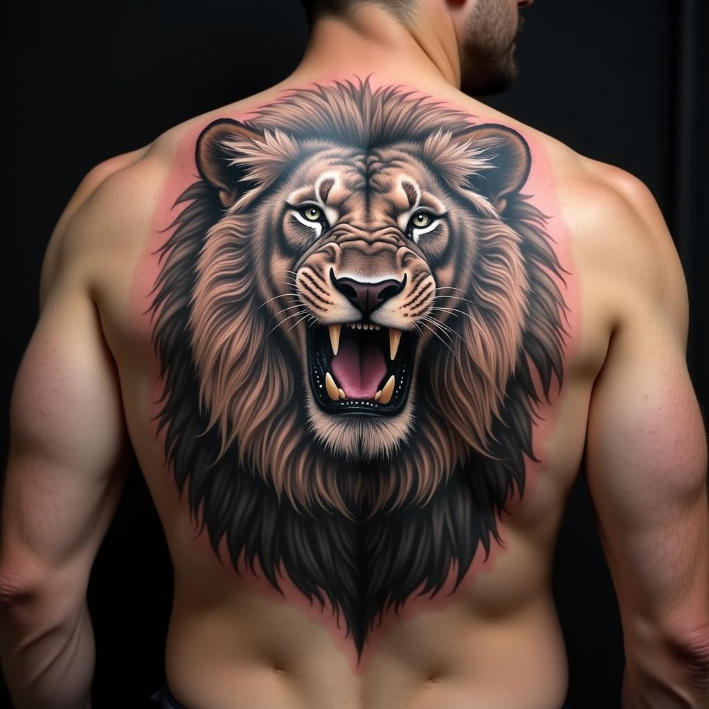 Hình xăm sư tử mạnh mẽ và uy nghi ở nửa lưng trên nam thể hiện sức mạnh và lòng dũng cảm