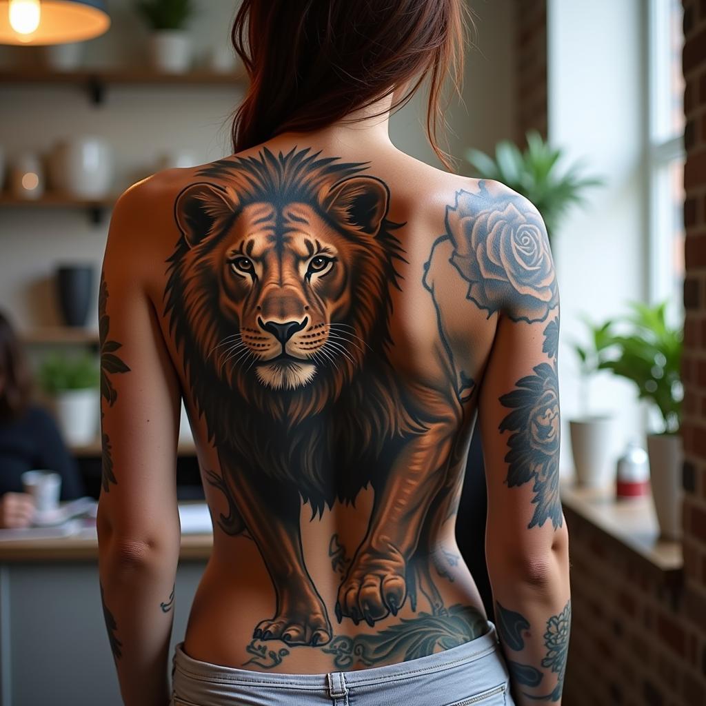 Hình xăm sư tử toàn lưng cho nữ, thể hiện cá tính mạnh mẽ và độc đáo