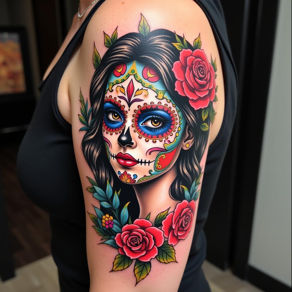 Hình xăm Sugar Skull cô gái Catrina với hoa trên tóc và trang điểm đầy màu sắc, biểu tượng Ngày của Người Chết.