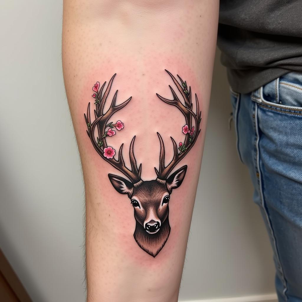 Hình xăm sừng hươu hoa lá kết hợp các yếu tố tự nhiên độc đáo