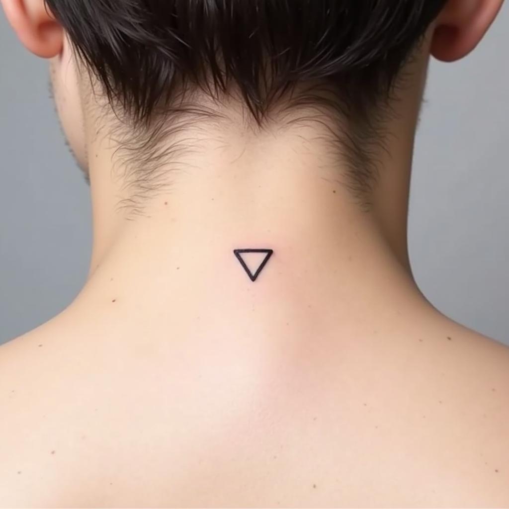 Hình xăm tam giác nhỏ màu đen sau gáy phong cách tối giản thể hiện sự cân bằng