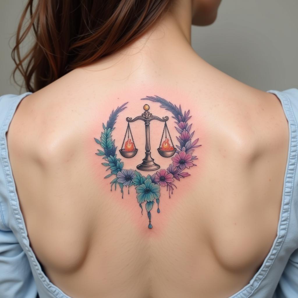 Hình xăm Thiên Bình phong cách màu nước nghệ thuật và độc đáo trên vai nữ