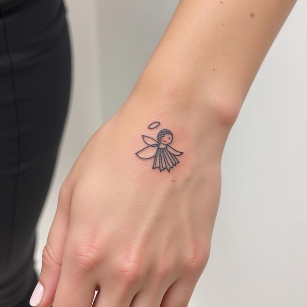 Hình xăm thiên thần mini ở cổ tay, vị trí xăm phổ biến cho nữ giới, tinh tế và kín đáo