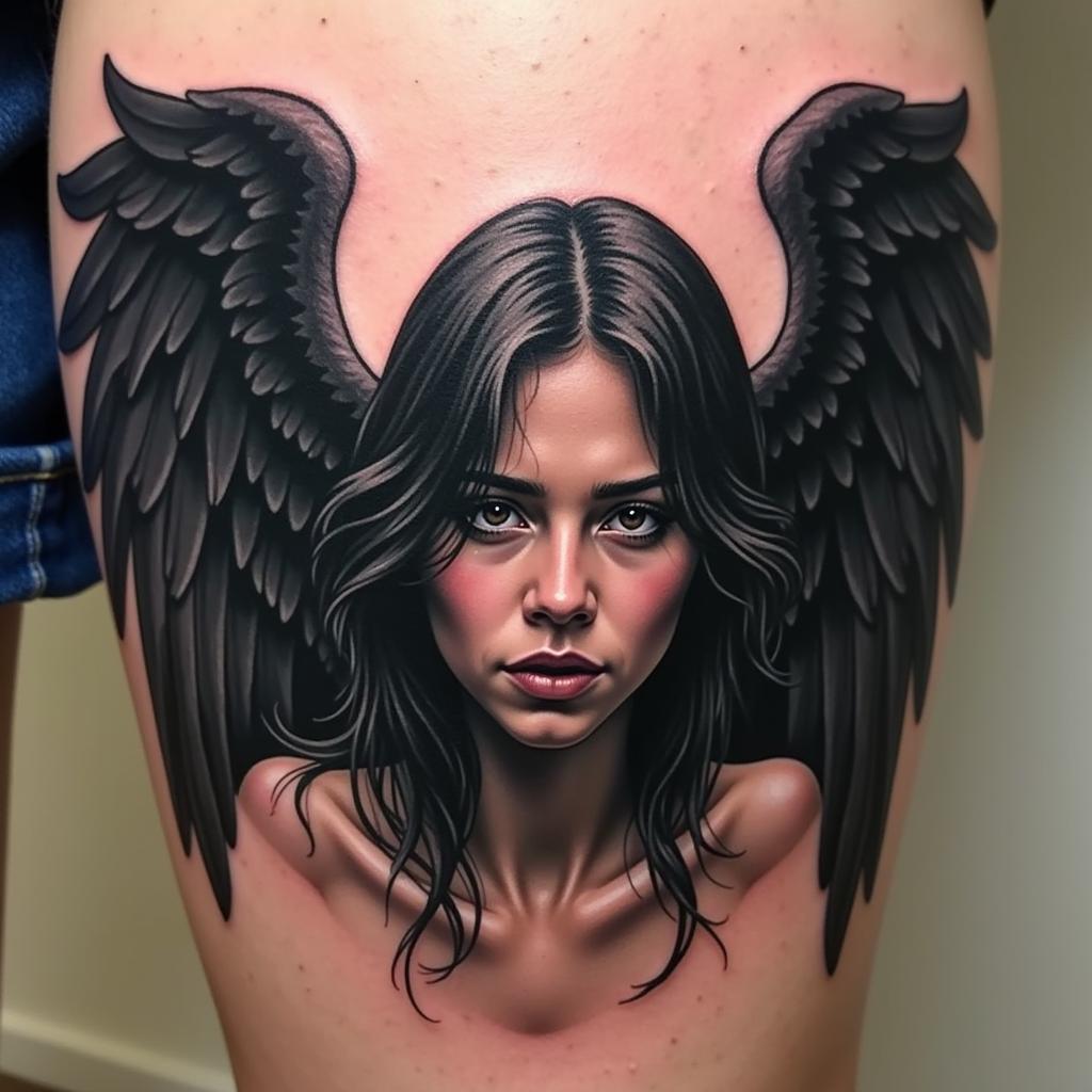 Hinh xam thien than sa nga phong cach ta thuc voi doi canh den va bieu cam sau lang