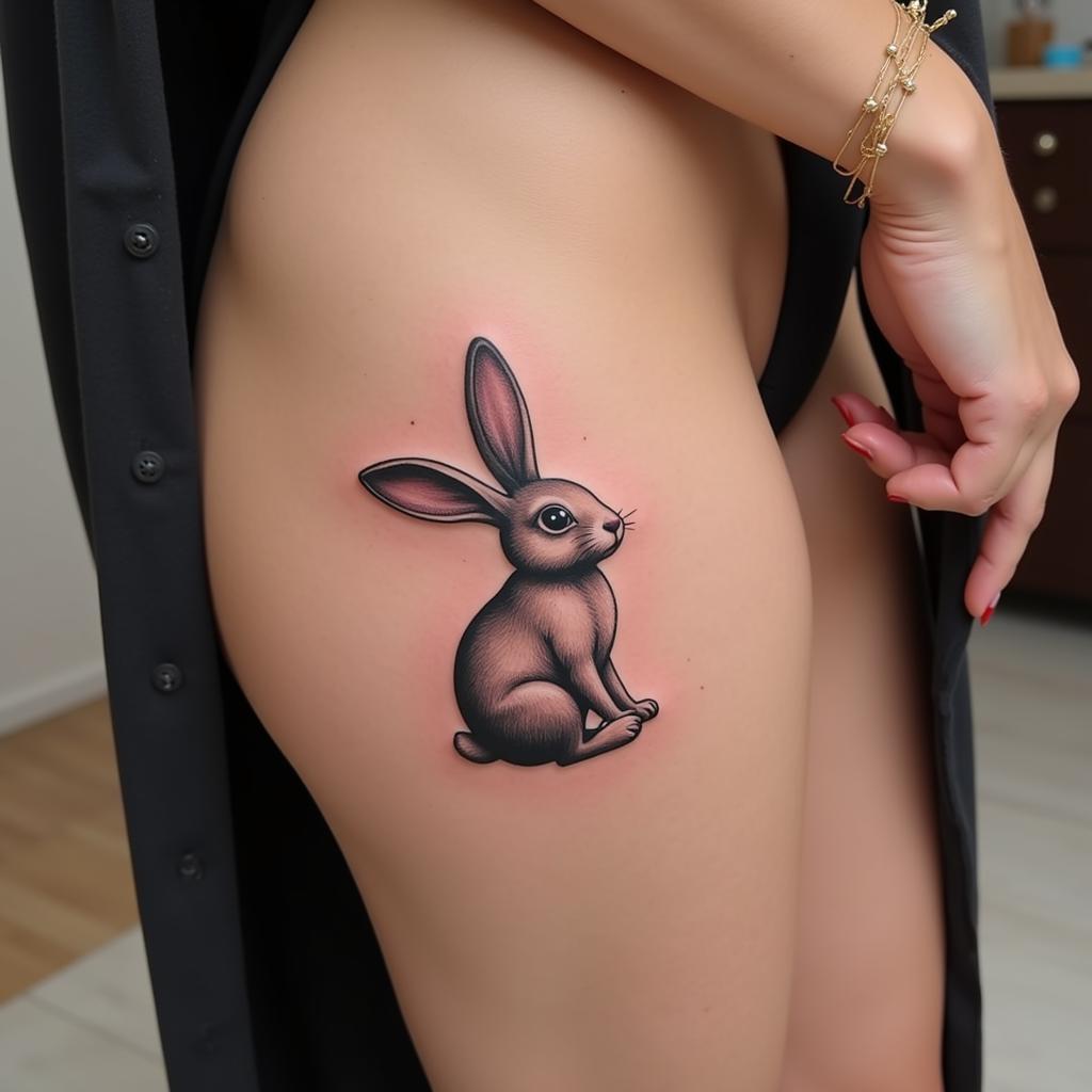Hình xăm thỏ 18 xăm ở đùi tôn vinh đường cong cơ thể