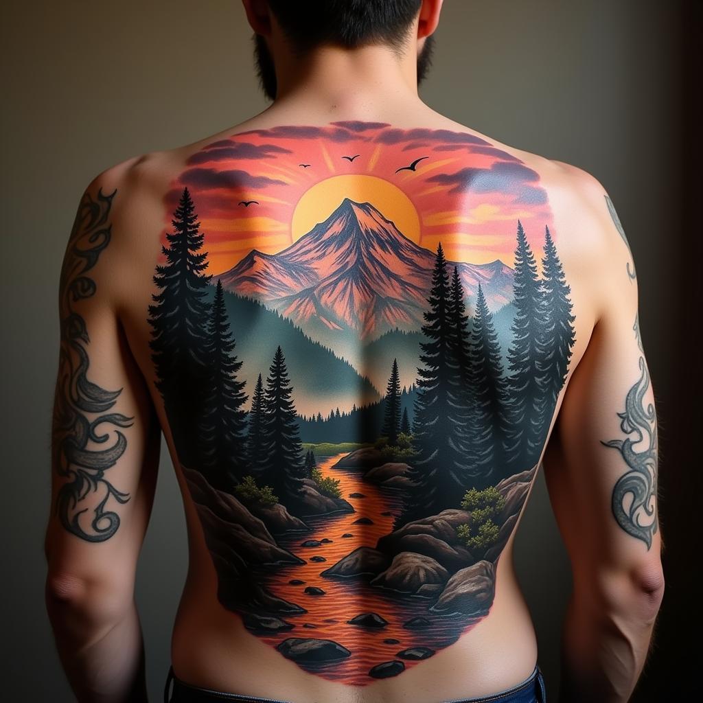 Hình xăm toàn lưng phong cảnh núi non