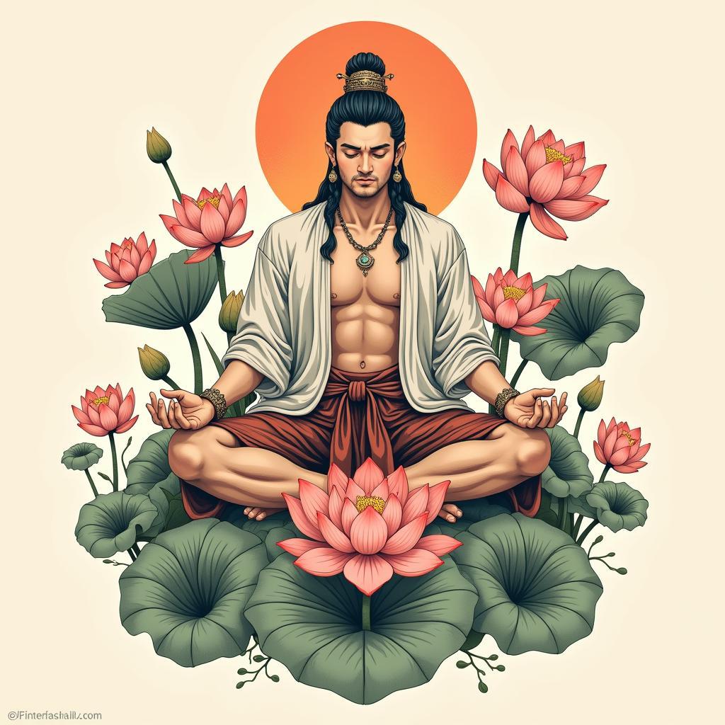 Hình xăm Tôn Ngộ Không ngồi thiền kết hợp hoa sen biểu tượng thanh tịnh và giác ngộ