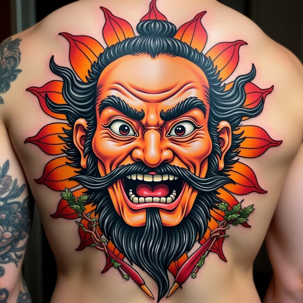 Hình xăm Tôn Ngộ Không phong cách Old School với đường nét dày, màu sắc tươi sáng và hình ảnh cổ điển