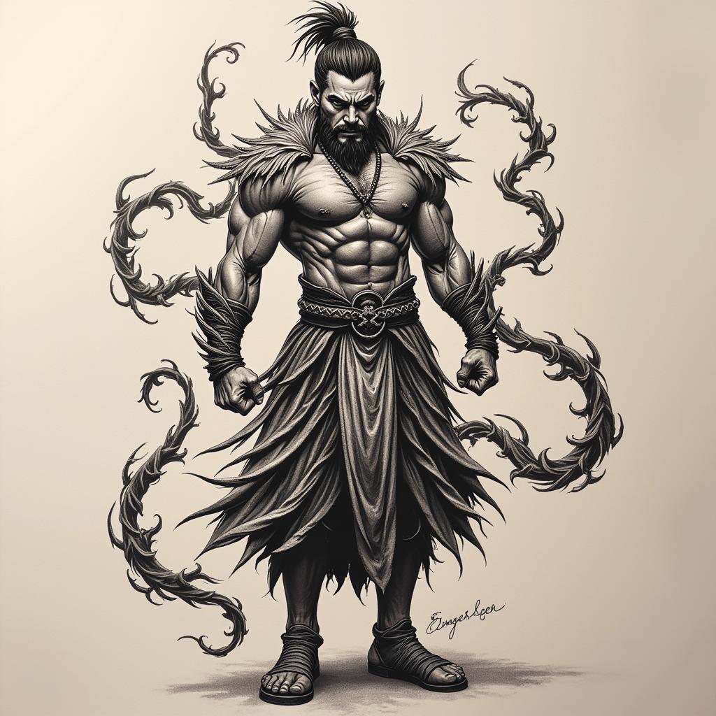 Hình xăm Tôn Ngộ Không với hình ảnh mạnh mẽ thể hiện sức mạnh vượt trội và quyền lực phi thường