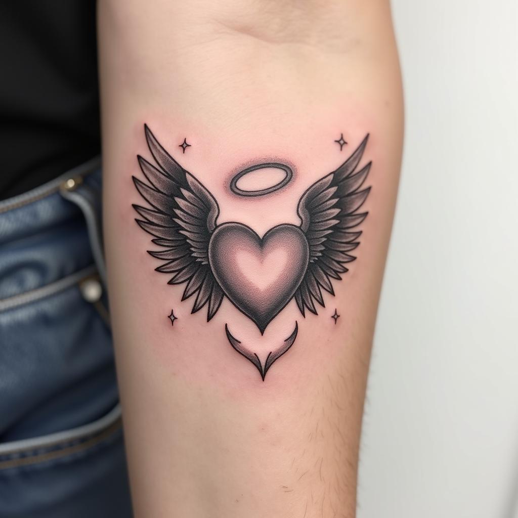 Hình xăm trái tim có cánh tưởng nhớ người thân đã khuất với đôi cánh thiên thần