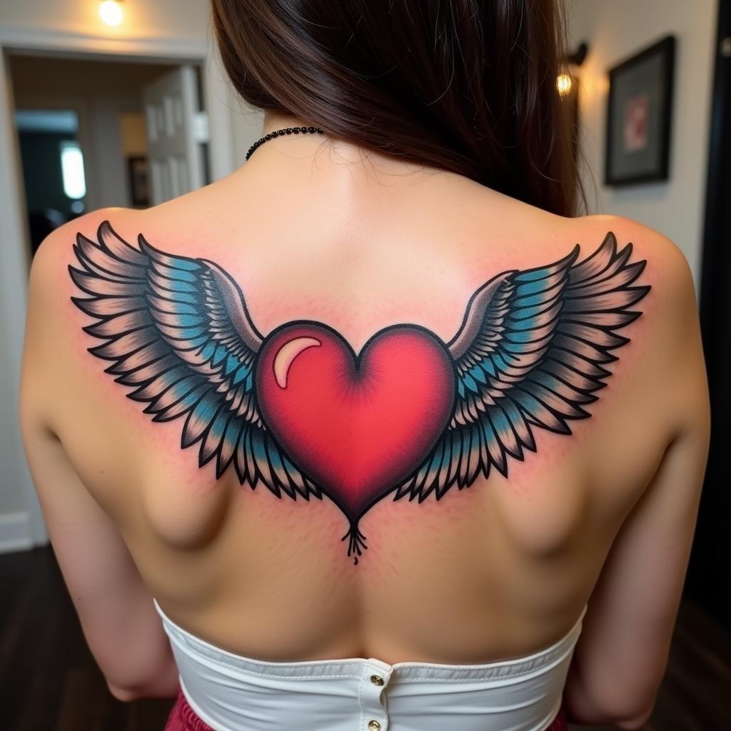 Hình xăm trái tim có cánh ở lưng vị trí xăm lớn thể hiện sự tự do phóng khoáng