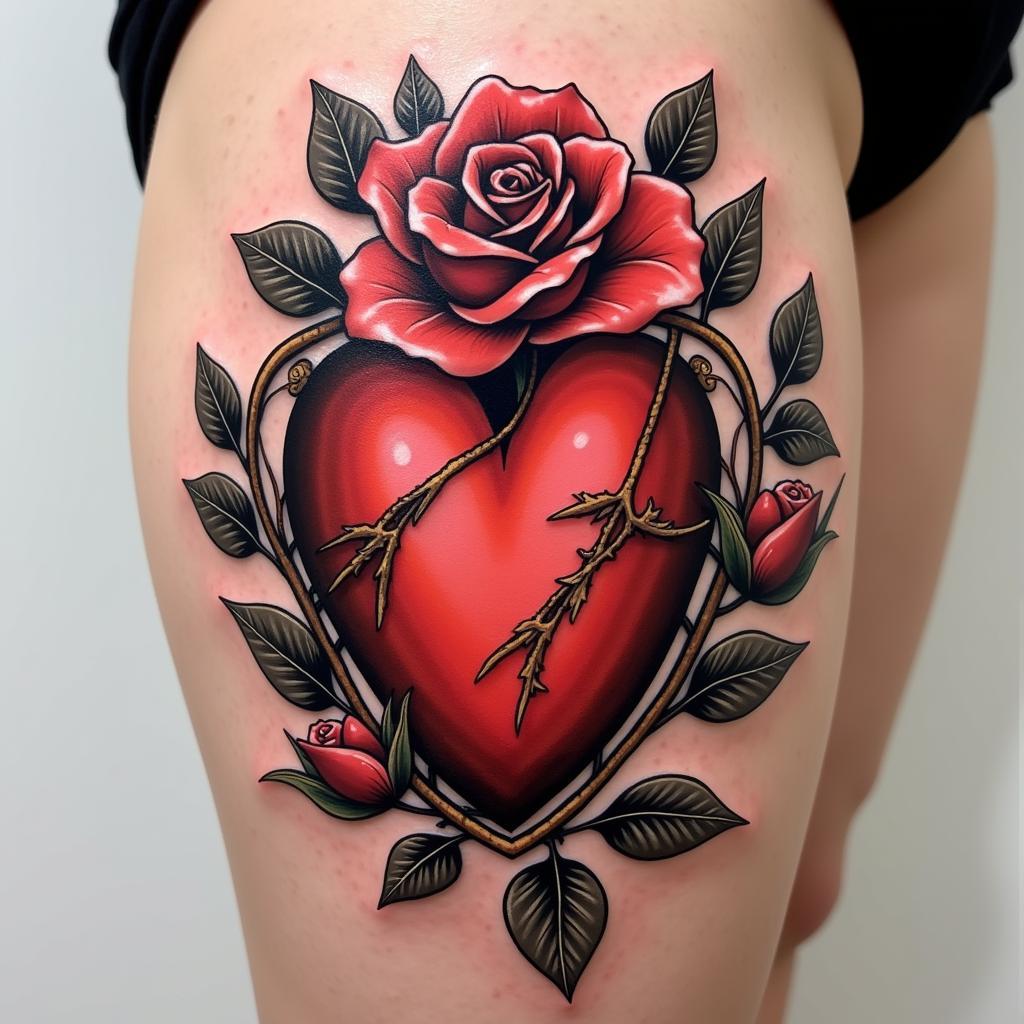 Hinh xam trai tim do phong cach Old School ket hop hoa hong co dien