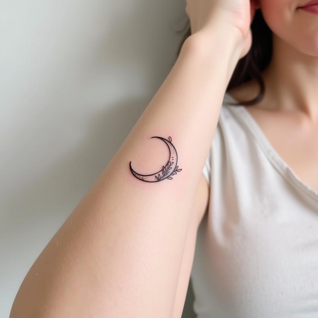 Hình xăm trăng lưỡi liềm kết hợp hoa lá ở cổ tay nữ tính