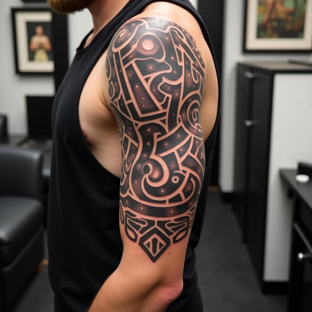 Hình xăm tribal tay nam với họa tiết bộ lạc