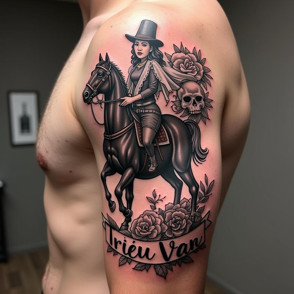 Hình xăm Triệu Vân cưỡi ngựa phong cách Chicano thể hiện chất đường phố, cá tính