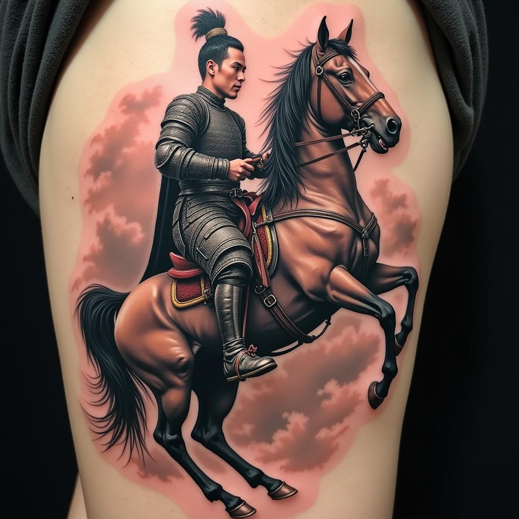 Hình xăm Triệu Vân cưỡi ngựa phong cách tả thực với chi tiết sắc nét, chân thực