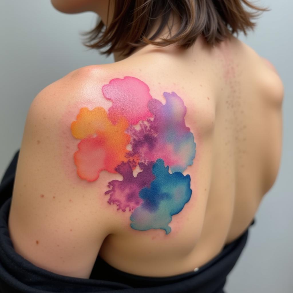 Hình xăm trừu tượng màu nước trên bả vai, thể hiện sự sáng tạo và độc đáo