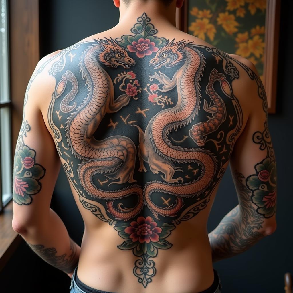 Hình xăm tứ linh ở lưng vị trí lý tưởng phong thủy mang lại sức mạnh và sự bảo vệ