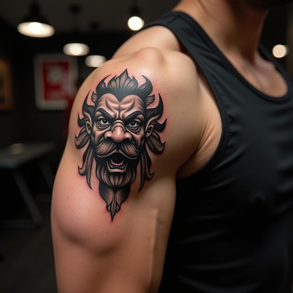 Hình xăm Tỳ Hưu ở bắp tay thể hiện sự mạnh mẽ và quyền lực của chủ nhân