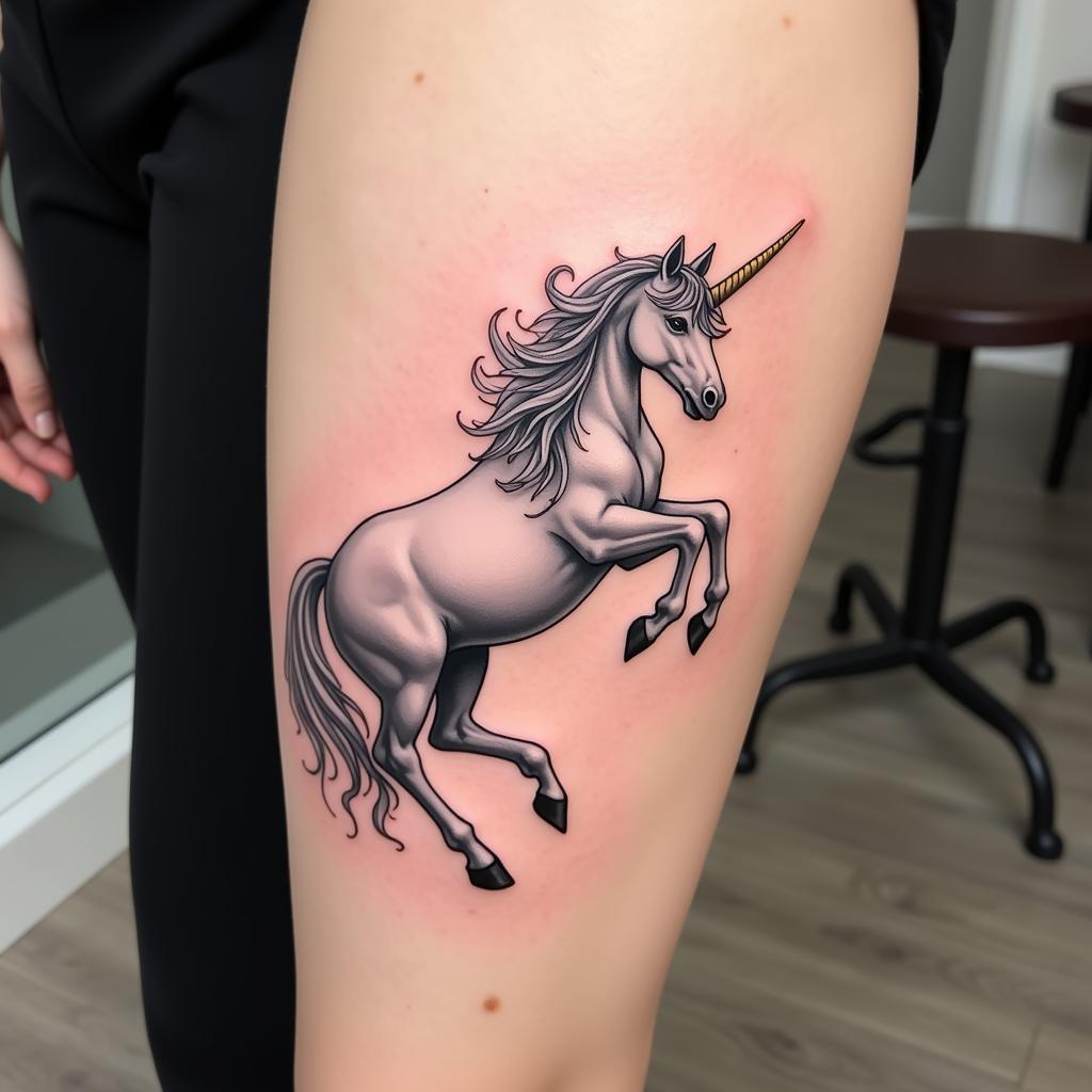Hình xăm unicorn biểu tượng cho sự thuần khiết, vẻ đẹp và lòng tốt trong văn hóa phương Tây
