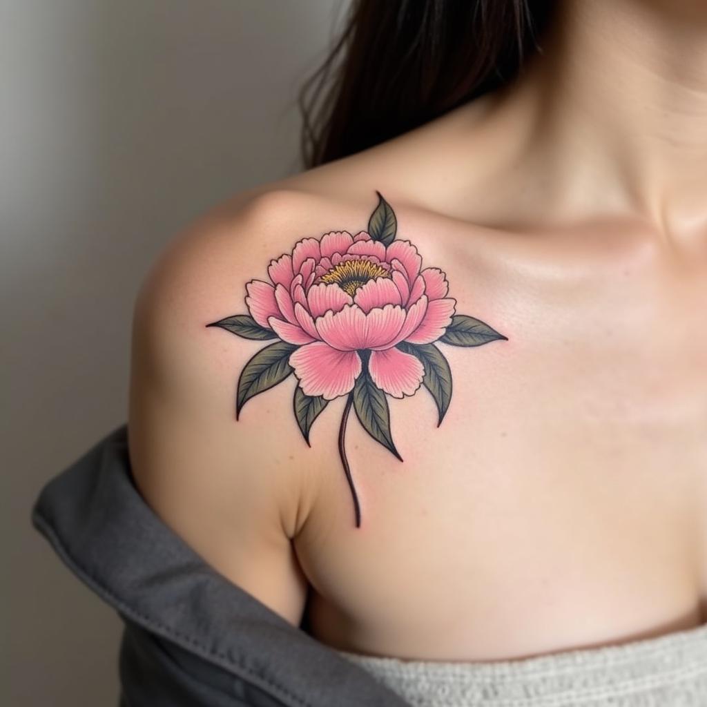 Hình xăm vai hoa mẫu đơn Botan quý phái thịnh vượng