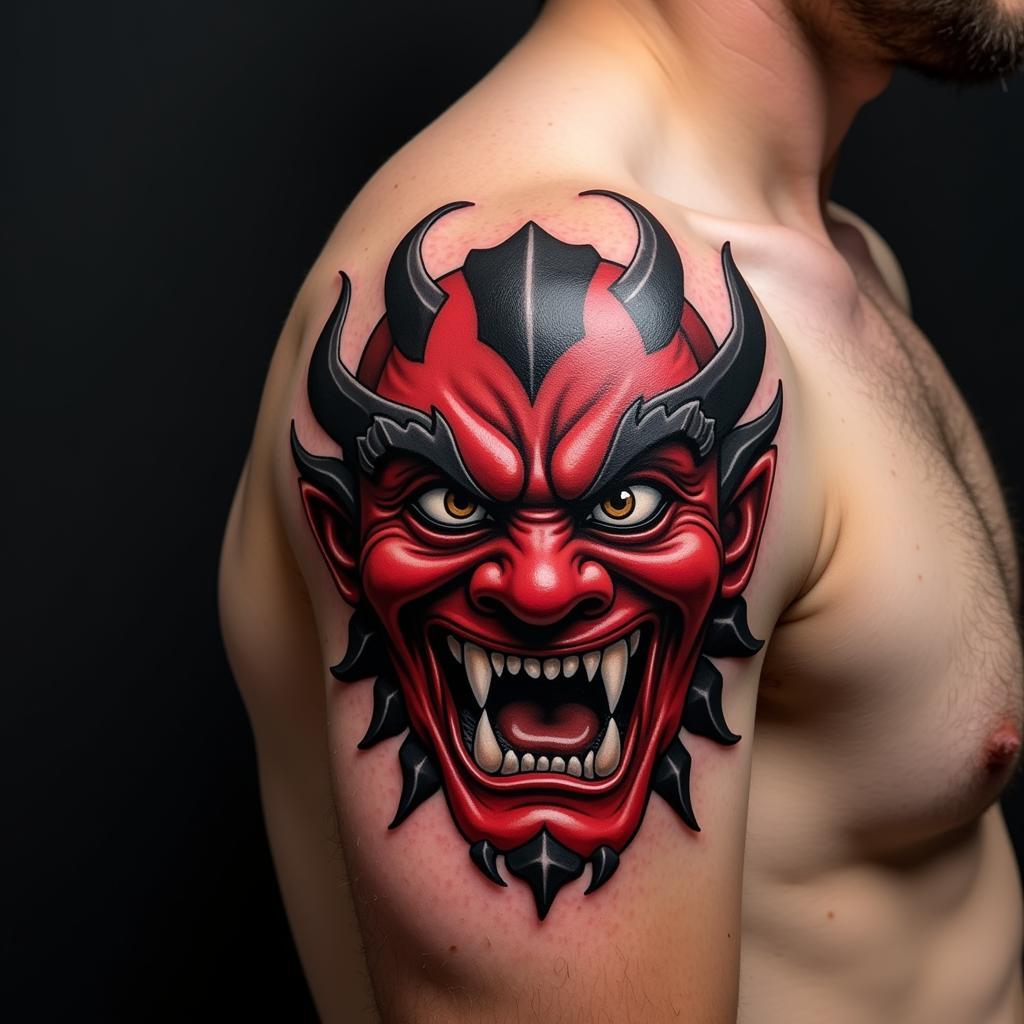 Hình xăm vai mặt quỷ Hannya biểu tượng ghen tuông, bảo vệ